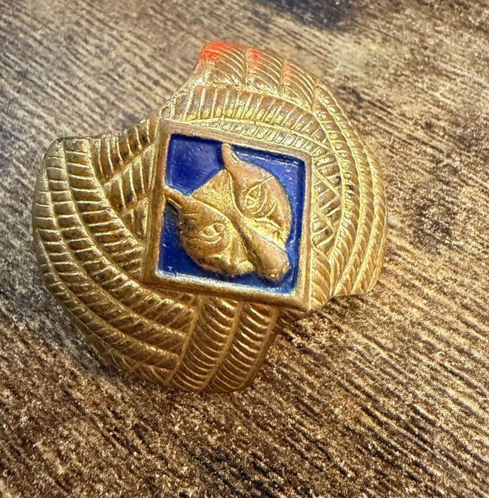Vintage Egyptian Revival Pharaoh Cuff Bracelet Gold Tone Blue Enamel